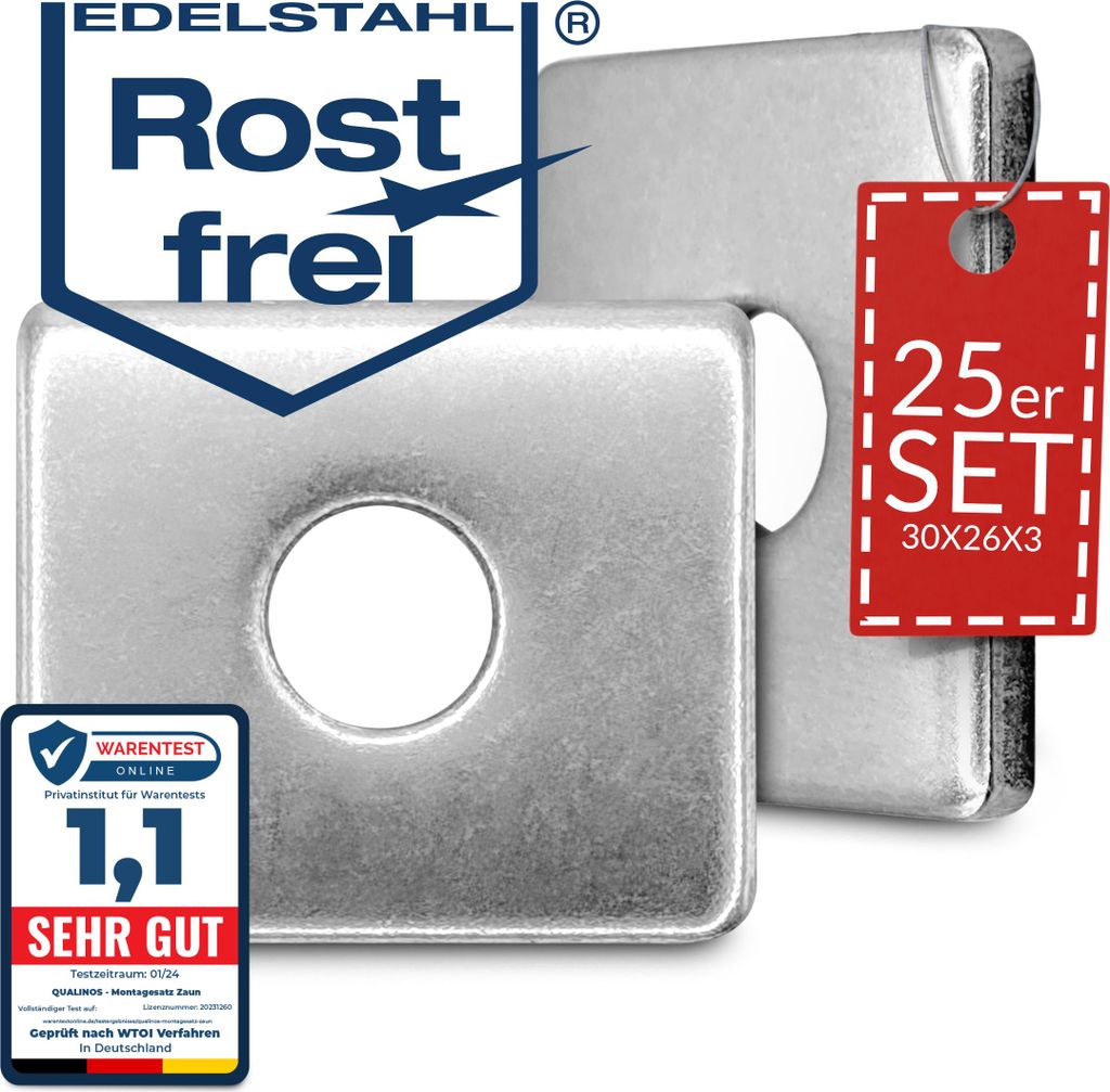 25x Qualinos Klemmplatten für Doppelstabmattenzaun 30x26x3 mm Edelstahl V2A - 3mm Stark & Rostfrei - Germany - Massive Zaunhalterung