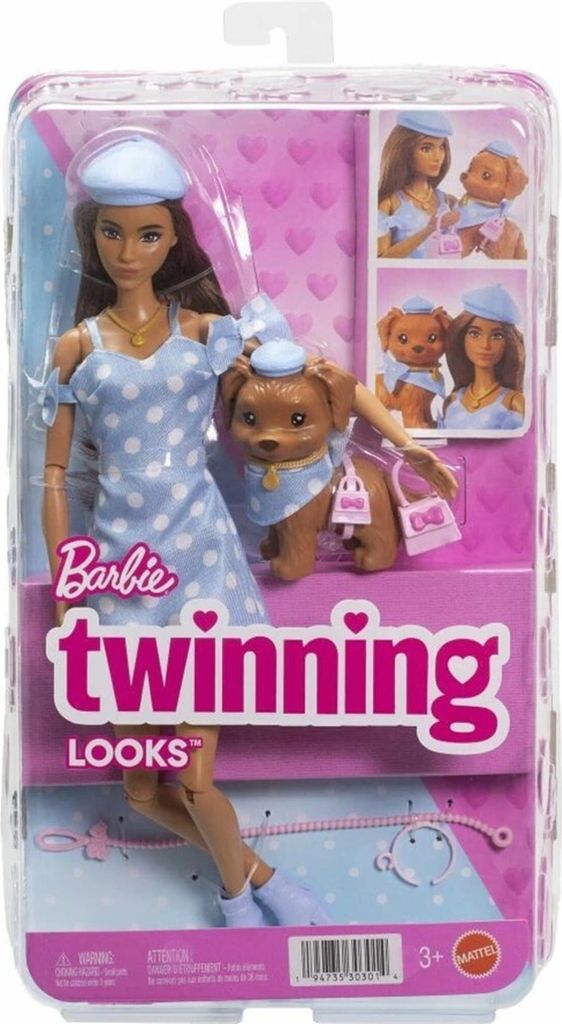 A Barbie doll and dog set in its retail packaging, featuring matching polka dot outfits.