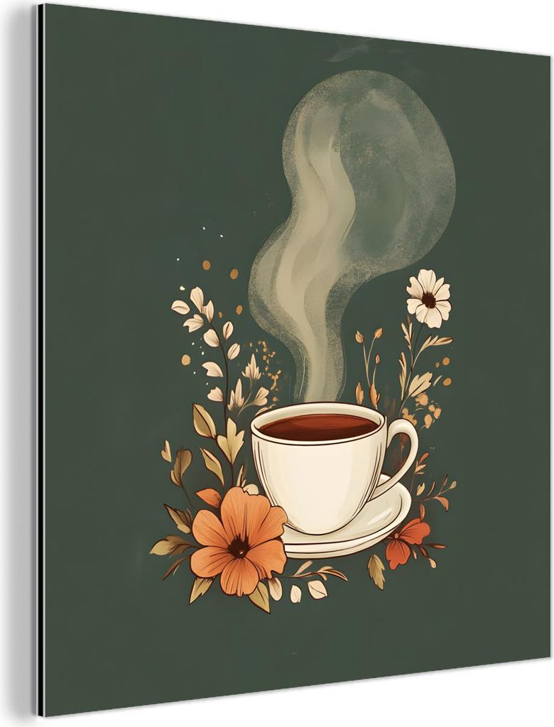MuchoWow Wanddekoration Metall Metallbild Wandkunst 90x90 cm Tasse - Blumen - Grün - Kaffee MuchoWow Aluminium Gemälde - Dekoration - Industrial ...