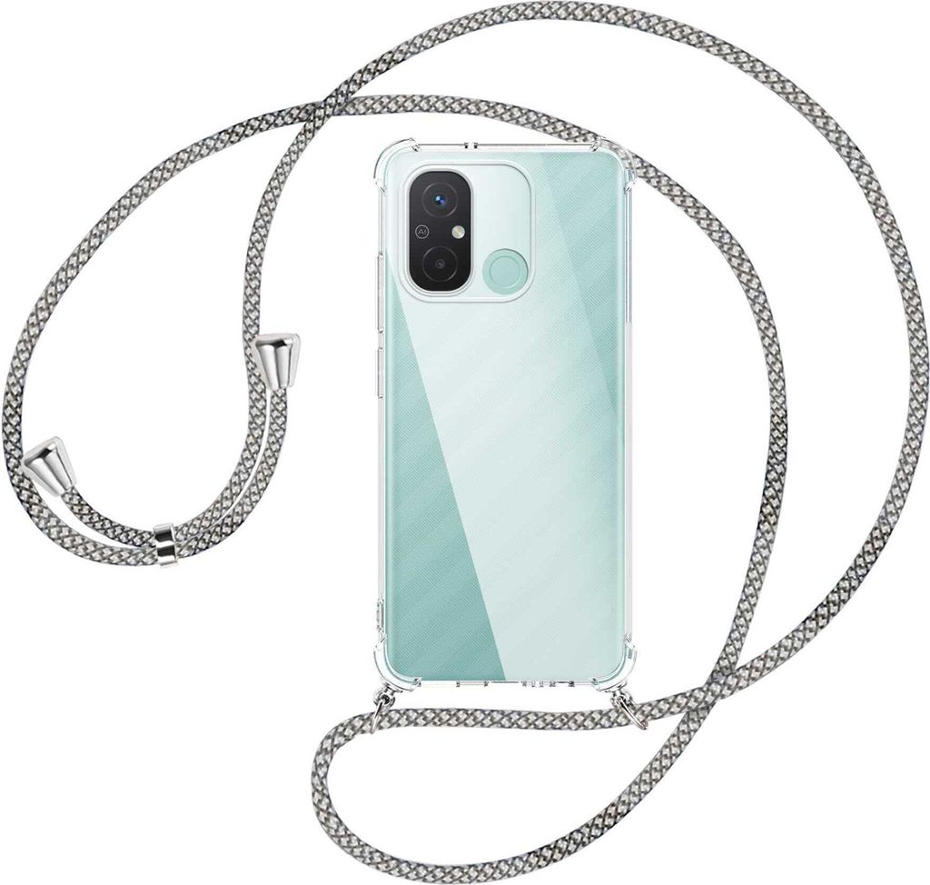 Handykette Backcover-Schutzhülle mit Band (Metall silberfarben) für Xiaomi Redmi 12C (6.71'') - weiß/grau kariert