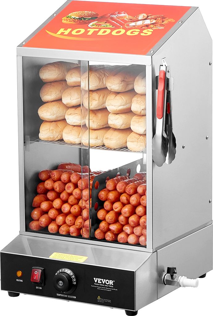 VEVOR Hot Dog Dampfgarer, 37L, 2-stufiger Hot Dog Hütten-Dampfgarer, 30°C85°C Temperaturregelung, elektrischer Brötchenwärmer mit Schiebetüre...