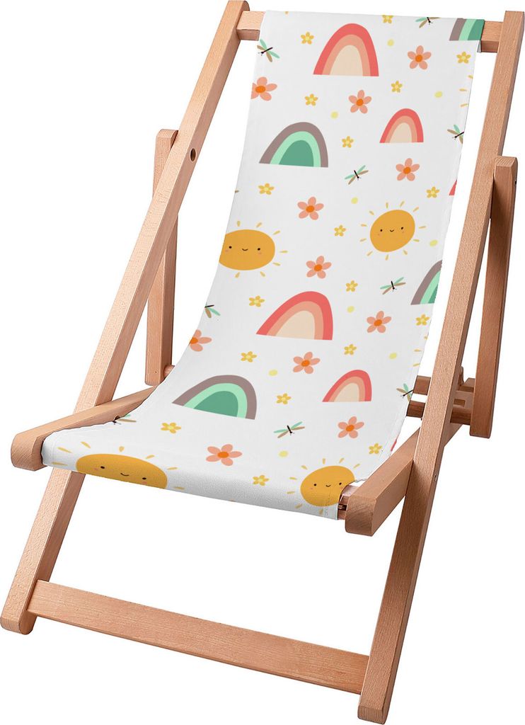 Dreamroots Kinder Liegestuhl klappbar Holz, bis zu 130 kg, Sonnenliege klappbar mit 3-stufiger Neigungsregulierung der Rückenlehne, Rainbow and Sun