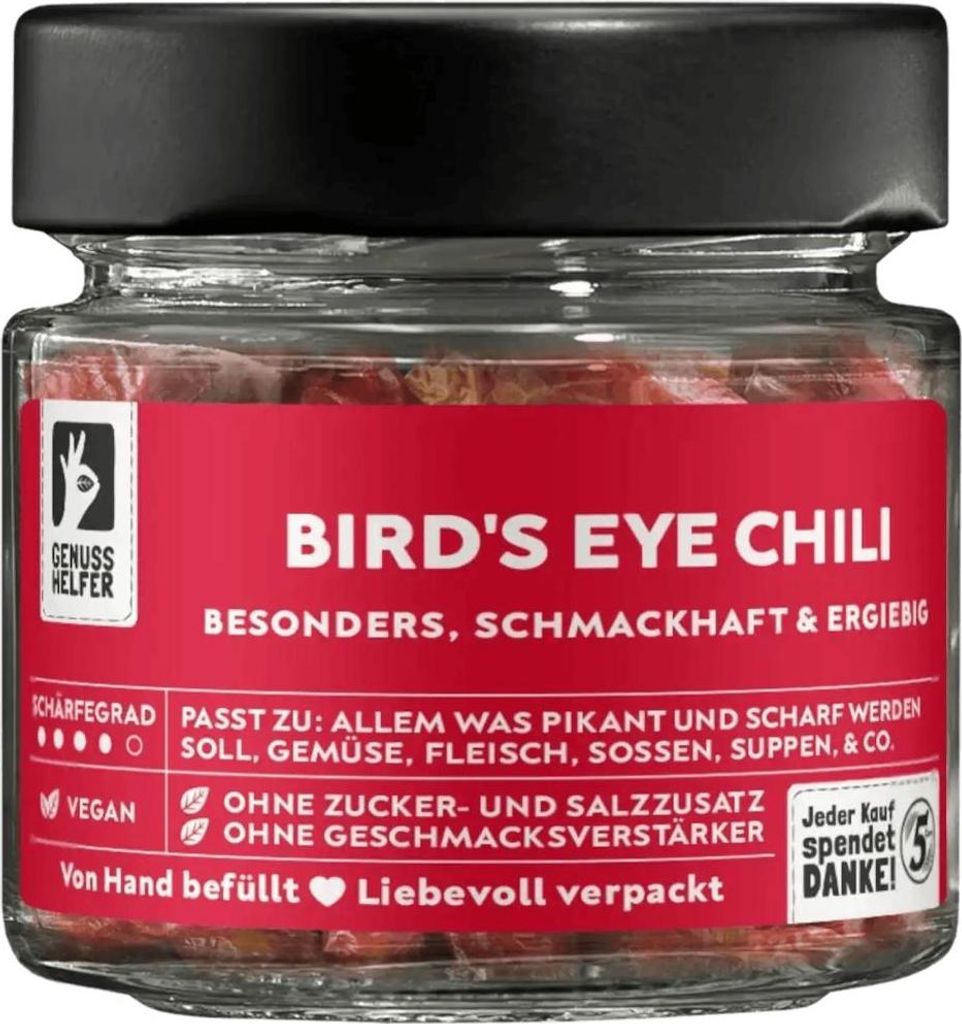 Birds Eye Chili, ganz, sehr scharf, Chilischoten getrocknet, 20g im Glas