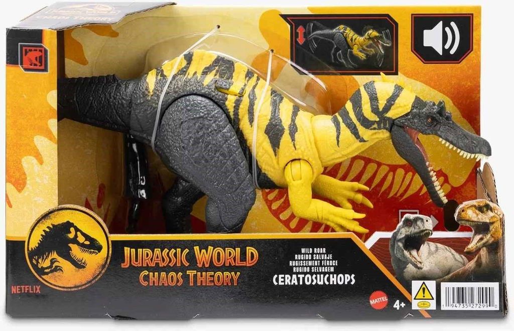 A toy dinosaur in its packaging, with graphics and text related to the Jurassic World franchise.