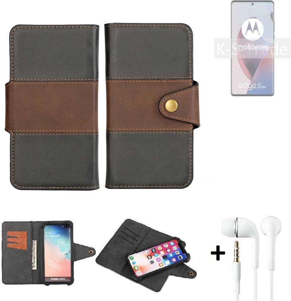 K-S-Trade Handyhülle Schutzhülle Bookstyle Wallet-Case kompatibel mit Motorola Edge 30 Ultra + earphones Bumper rundumschutz schwarz-braun 1x
