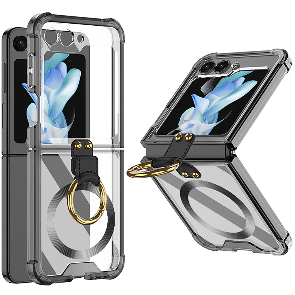 Custodia per Samsung Galaxy Z Flip 5, Custodia trasparente antiurto con protezione dello schermo e anello, compatibile con MagSafe nero - 1
