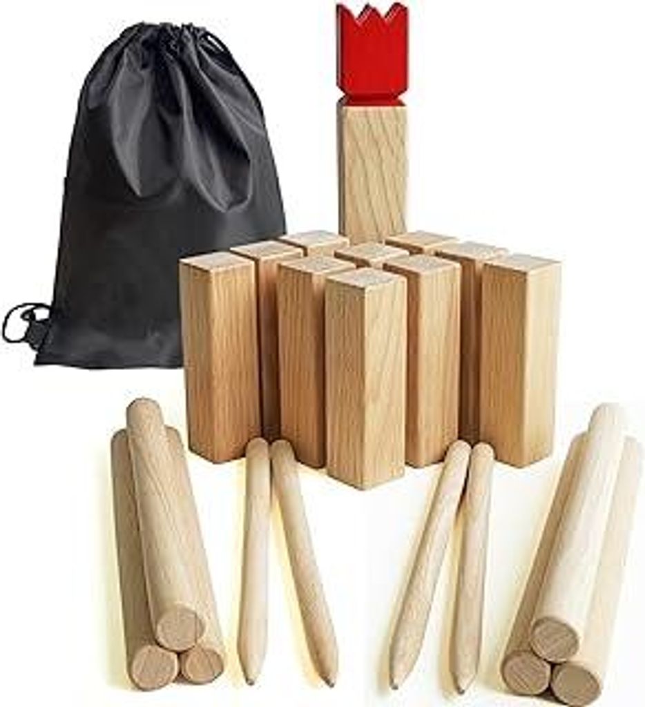 Jac & Mok Kubb Spiel - Wikinger-Spiele in Hartholz - Freispiele Mit Wurf (Rot, 5 x 5 x 30 cm - King)