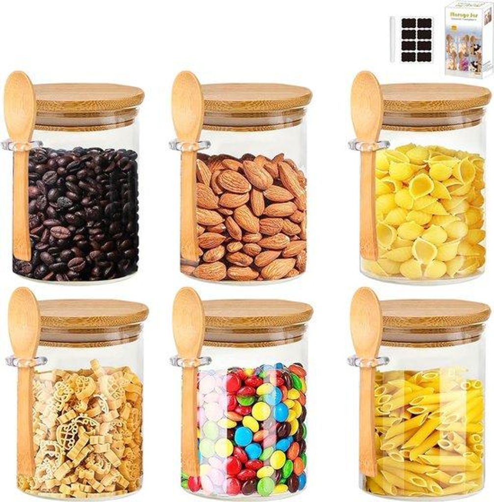 Glasbehälter mit Deckel, 540 ml, 6er-Set, luftdicht, ideal für Trockengüter, Gewürze, Kaffee