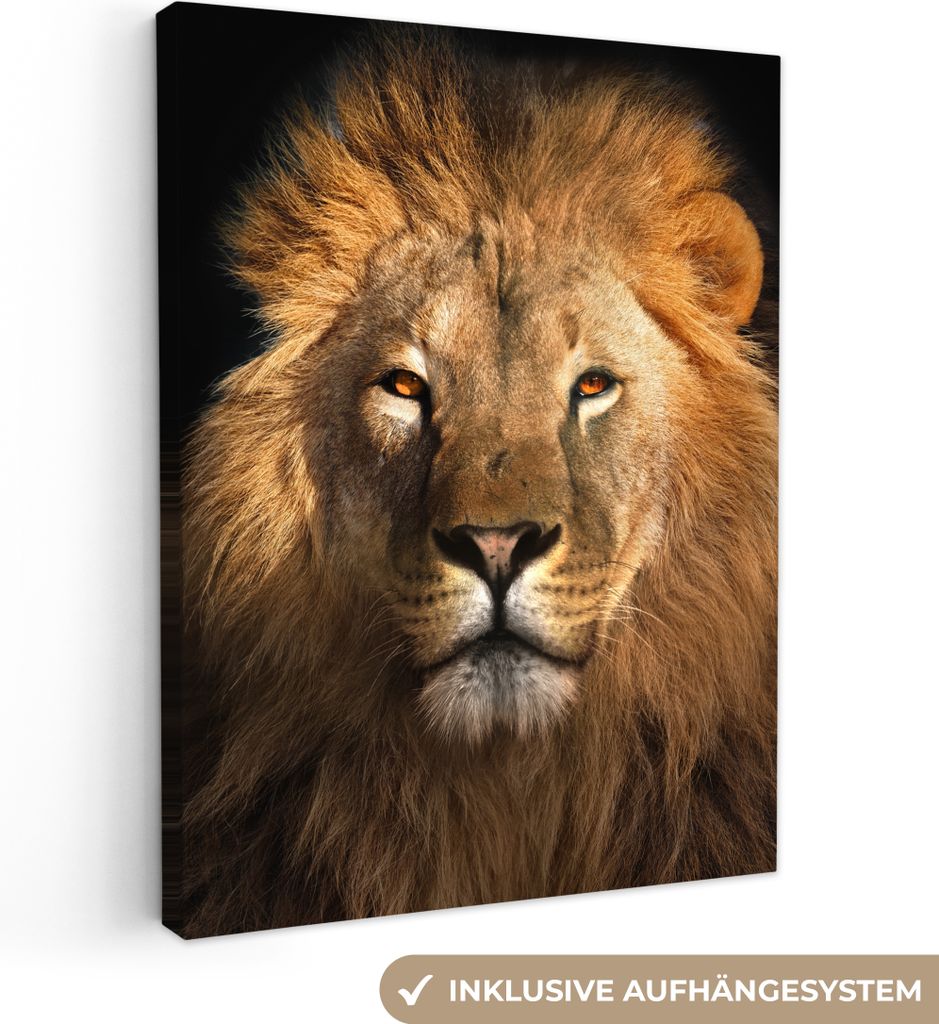 MuchoWow - Leinwandbilder - Löwe - Tiere - Schwarz - Hell - Braun - Porträt, Wandbild, Wanddeko Bilder Wohnzimmer, 90x120 cm