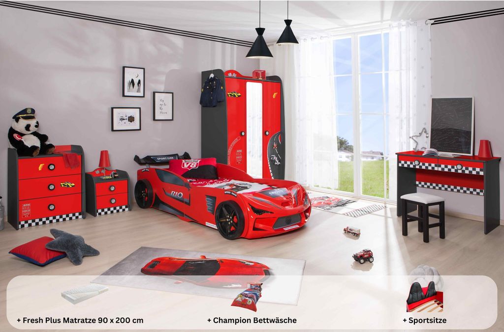 Kinderzimmer komplett Set Autobett Rio 5 teilig Rot , Sportsitze:inkl. Sportsitze, Matratze:Creativ Fresh Plus H2, Bettwäsche:mit Bettwäsche, Wan...