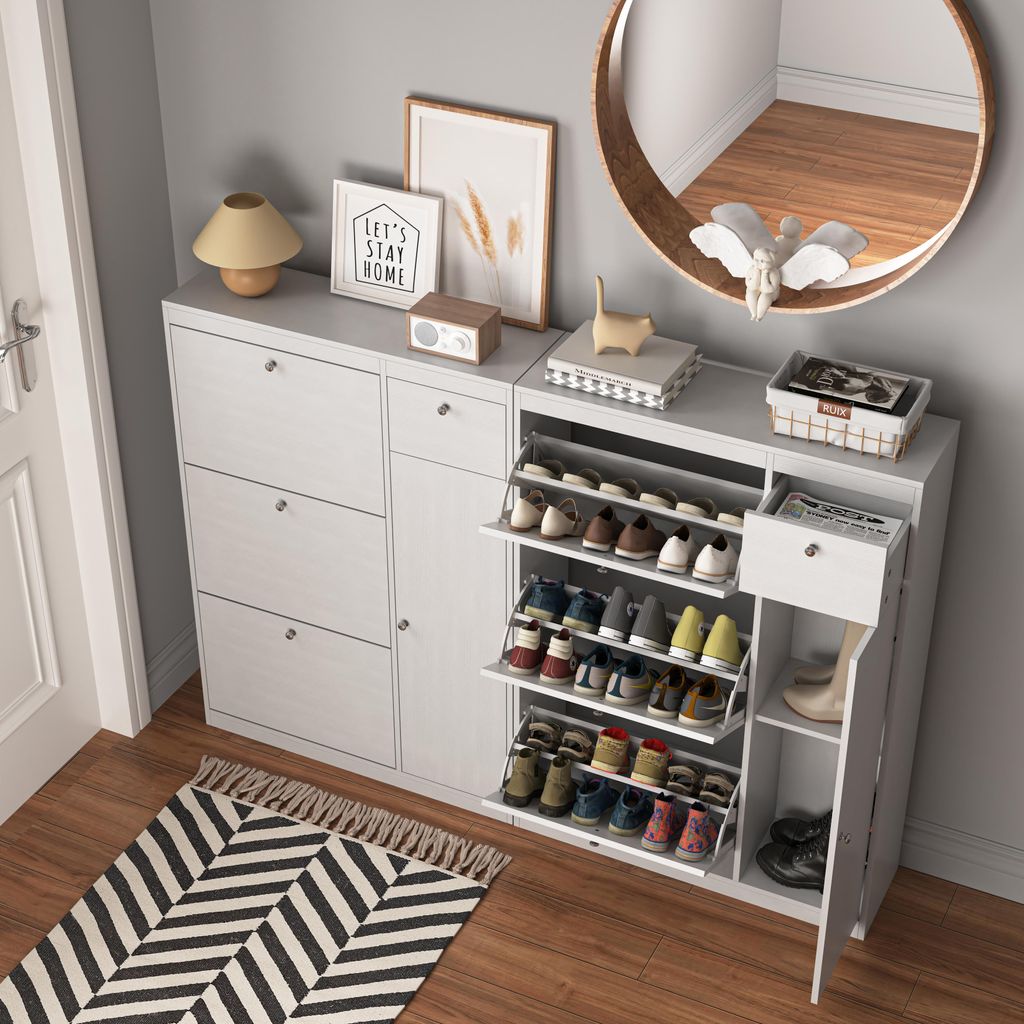 STILVORA Schuhschrank mit 3 Klappschubladen,freistehender Schuhregal mit Kippfunktion,Flurschuhschrank mit verstellbarem Ablagefach,weiß