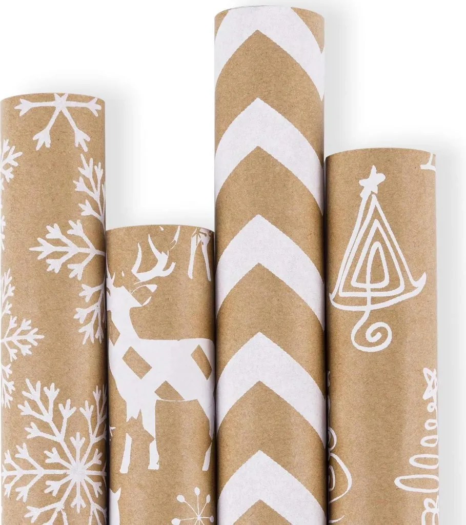 Papier Kraft de Noël 3D Résistant - 4 Rouleaux 76x305cm White Christmas
