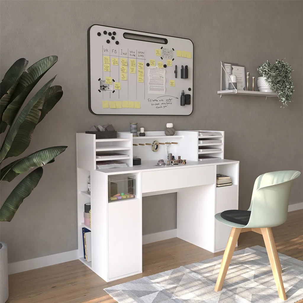 Table informatique blanche Vicco avec rangement étagère pour studio