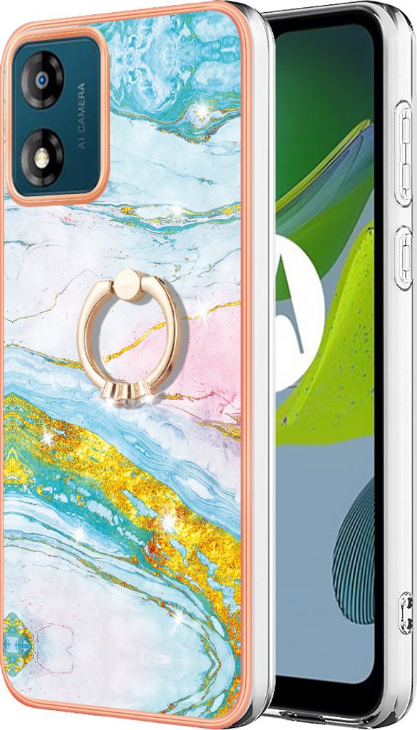 Hülle für Motorola Moto E13 Muster TPU Silikon Stoßdämpfer Bumper Schutzhülle mit Ring Ständer Türkis