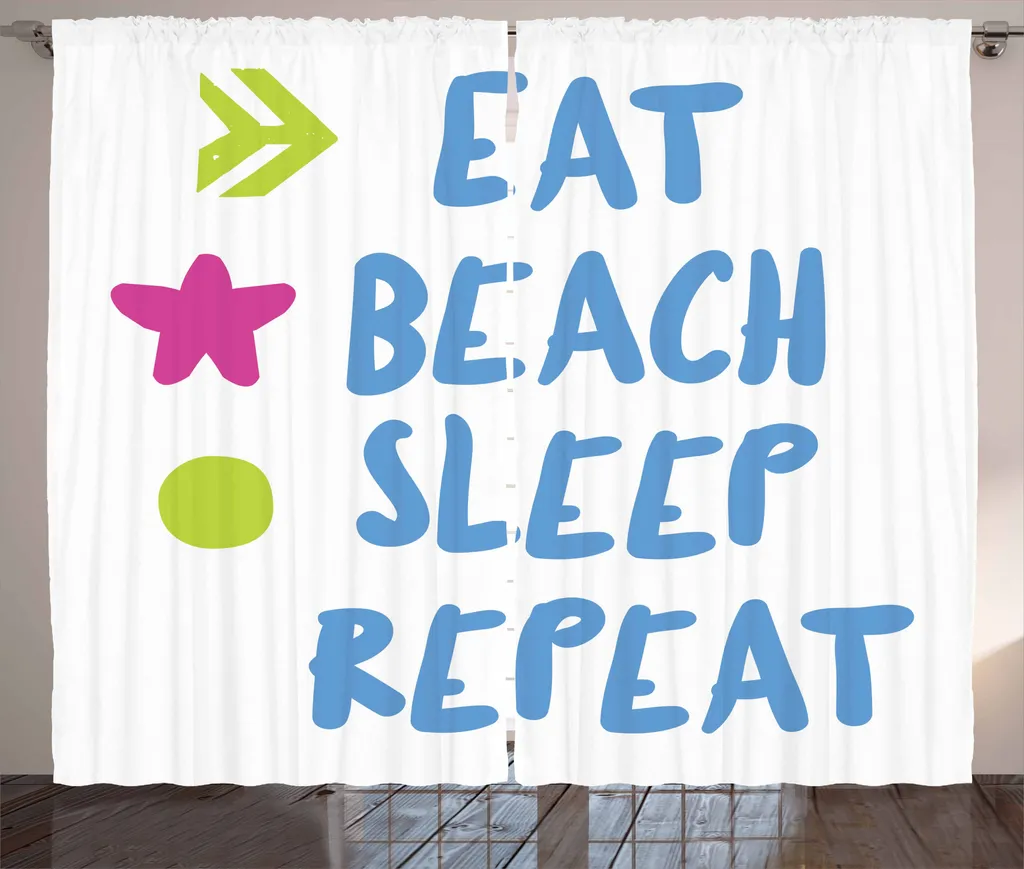ABAKUHAUS Citazione Tenda rustica, Mangia spiaggia dormi ripetizione Testo, Camera da letto Tenda con nastro arricciato con passanti e ganci, 280 x 175 cm, Multicolore Bianco