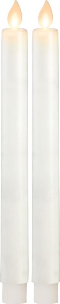 Two white LED candles with flickering yellow flames.