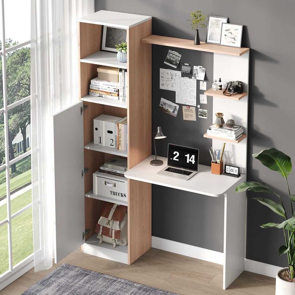 STILVORA Schreibtisch mit Aufbewahrung,Arbeitstisch mit oberes offenes Regal,Wohnzimmertisch mit Schrank unter,weiß + natur