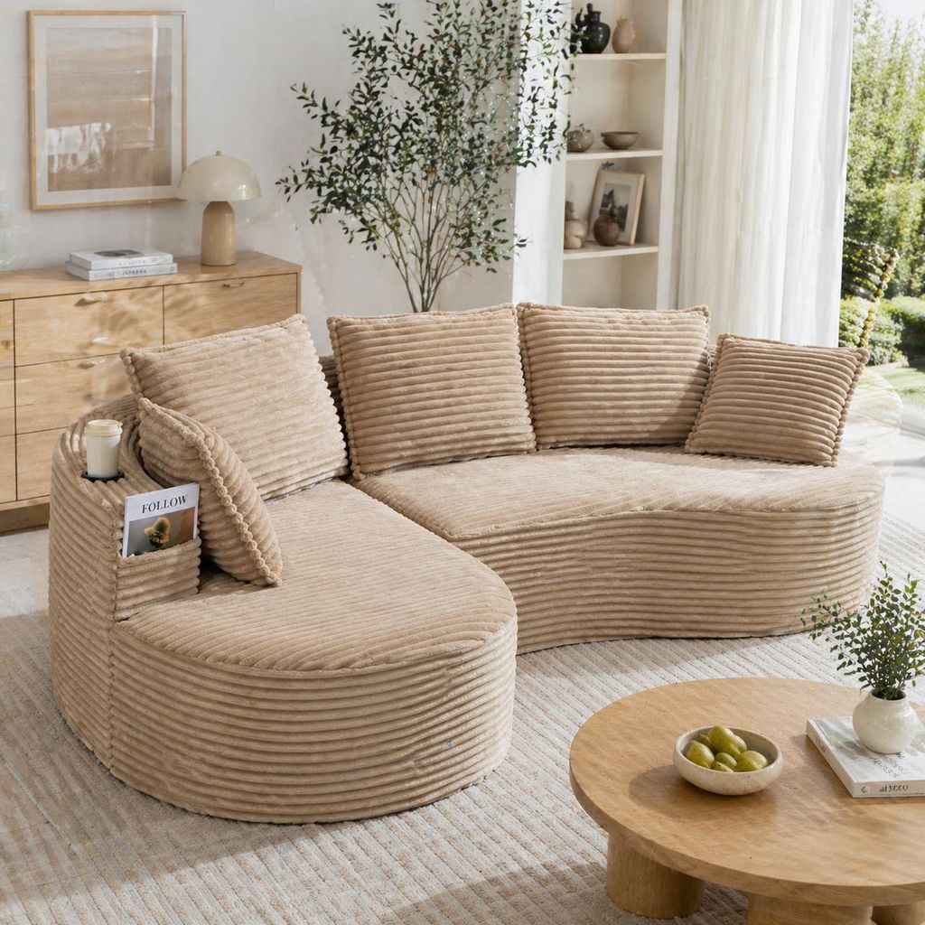 Bogesofa aus Cord Rundes Sofa Geschwungenes Couch mit Kissen Becherhalter Seitentaschen Federkern Sessel Polstersofa Modernes Loungesofa Wohnzimmer