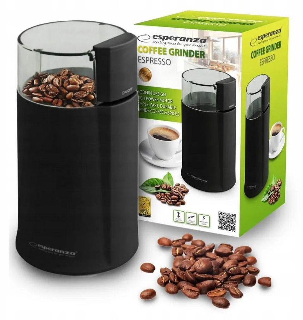 A coffee grinder and its packaging are shown, along with loose coffee beans.