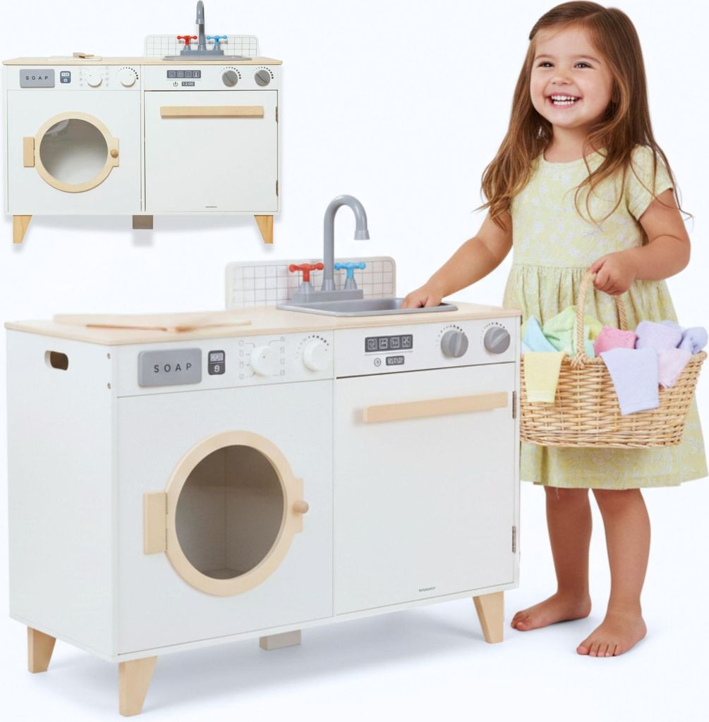 Holz-Waschküche & Spielküche 2-in-1 für Kinder – Waschmaschine, Spüle & Multifunktionsgerät, realistisches Rollenspiel von Mamabrum