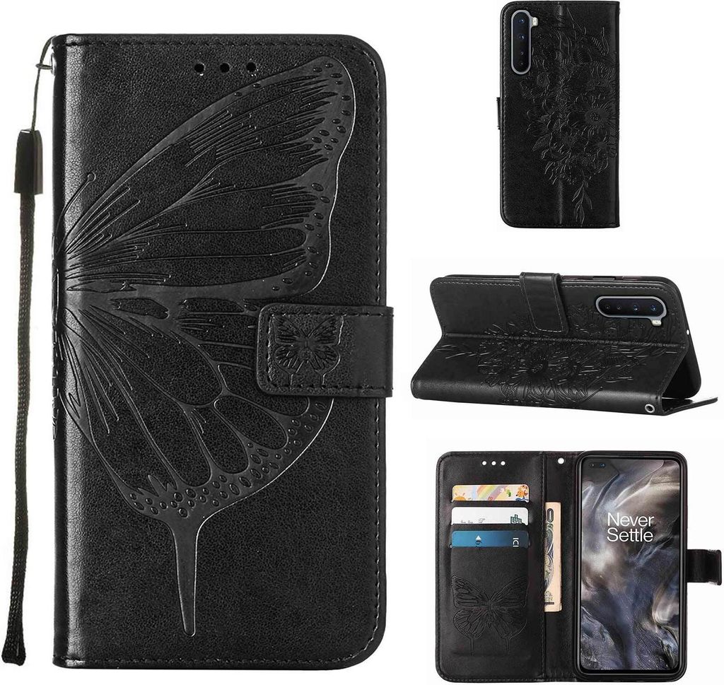 OnePlus Nord Hülle, Schmetterling Prägung Flip Leder Kartenfächer Schutzhülle Ledertasche mit Ständer für OnePlus Nord Schwarz