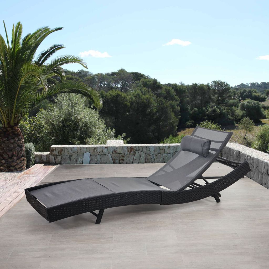 Sonnenliege Phoenix, Relaxliege Gartenliege Liege, Poly-Rattan anthrazit, Bezug grau