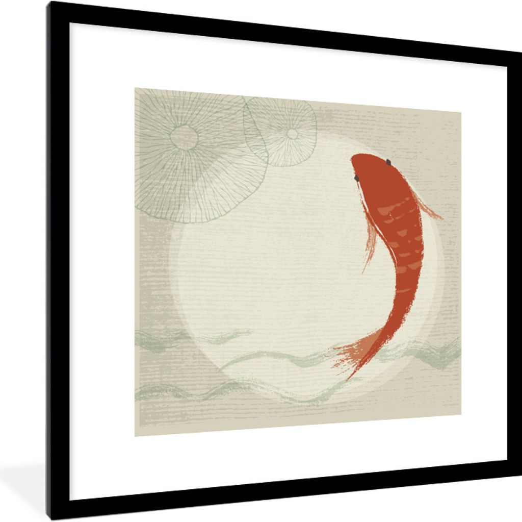 MuchoWow Gerahmtes Poster Eine Illustration eines orangefarbenen Fisches 40x40 cm - Poster mit Schwarzem Bilderrahmen Wandposter Rahmen Foto Bild...