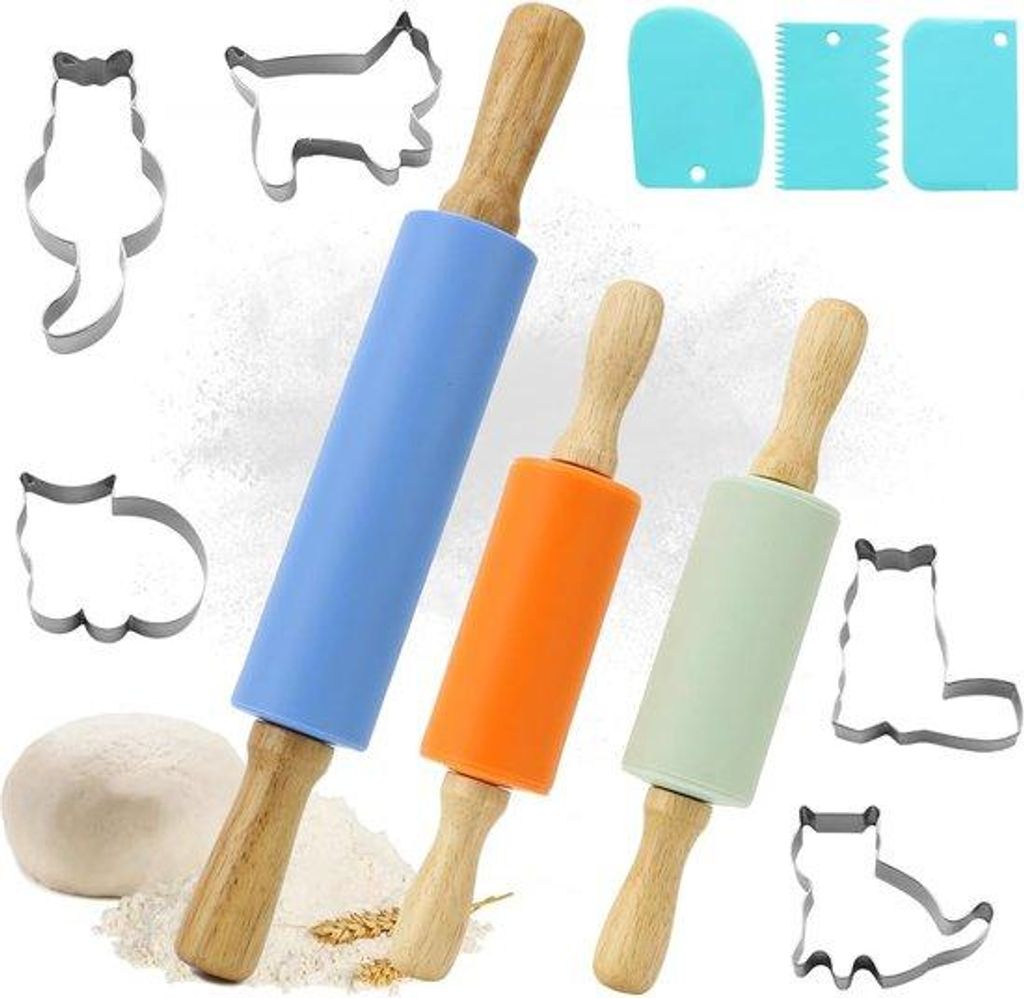 Silikonische deegrollen, klein en groot, Holzrollen für Kinder und Erwachsene, 1 Backrolle 38 cm, 2 kleine Rollen, 5 Ausstechformen, 3 Teigschaber...