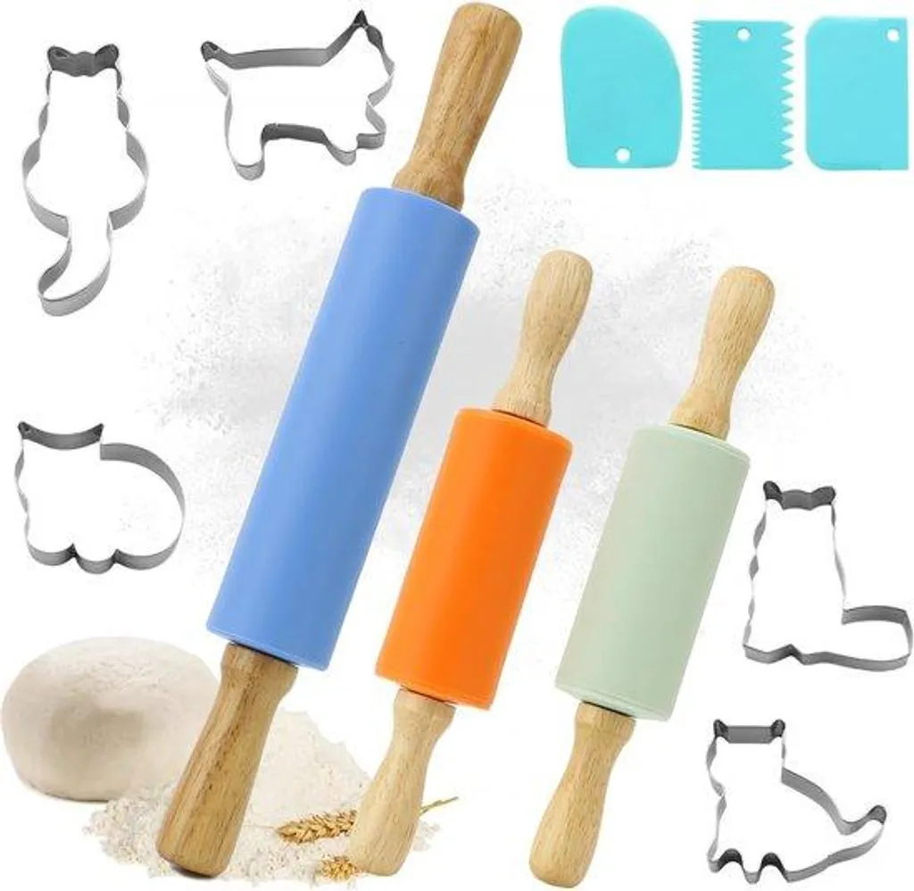 Kit Rouleau à pâtisserie en silicone et bois avec emporte-pièces - 11 pcs