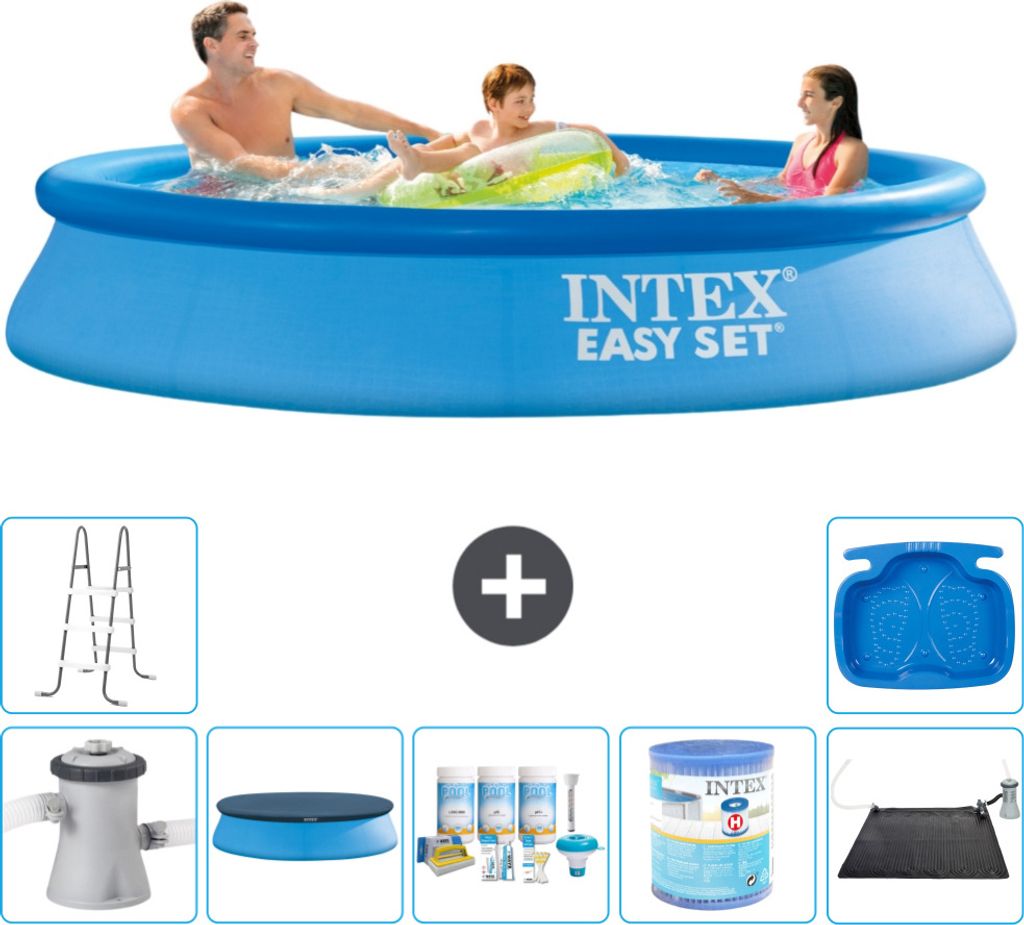 Intex runder aufblasbarer Easy Set-Schwimmpool – 305 x 61 cm – Blau – inklusive Pumpe Abdeckung - Wartungspaket - Filter - Solarmatte - Leite...