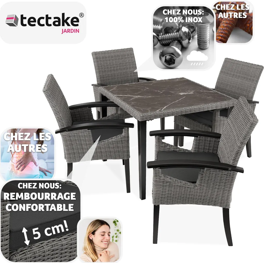 Table rotin Tarent et 4 chaises Rosarno gris résistant aux intempéries - 3