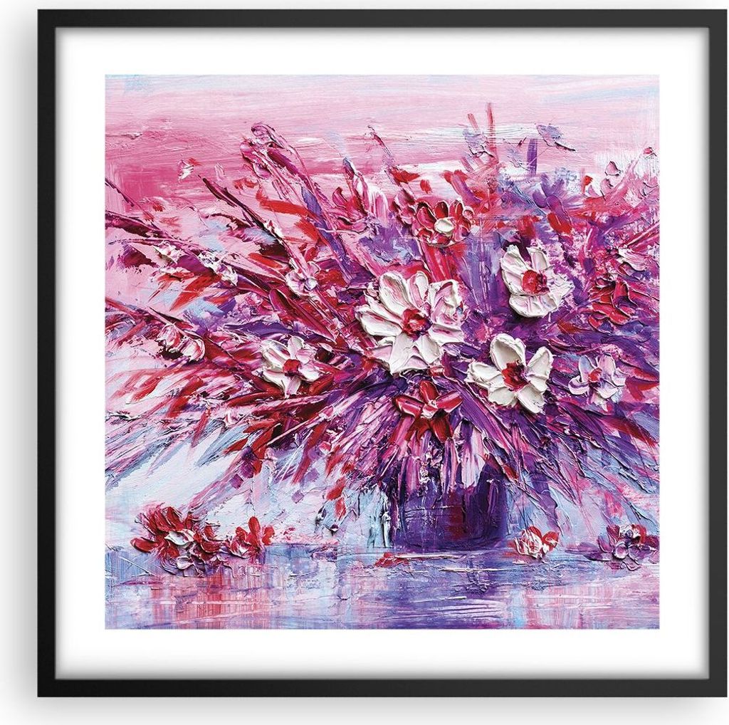Gerahmtes Poster - Schwarzer Rahmen - Pastos Blumen Rosa - 50x50 cm - Wand Bild - Wanddeko - Wandbilder - Kunstposter - Wandposter - Bilderrahmen -...