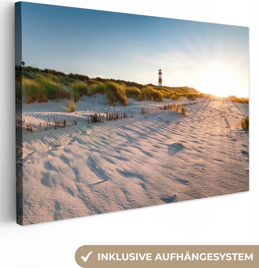 MuchoWow - Leinwandbilder - Strand - Leuchtturm - Sonnenuntergang, Wandbild, Wanddeko Bilder Wohnzimmer, 120x80 cm