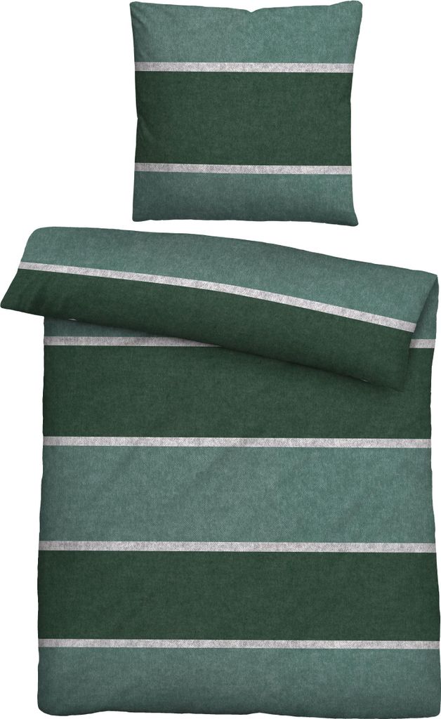 biberna Melange-Flanell Bettwäsche 0840506 BLOCKSTREIFEN color: dunkelgrün, size: 1x 155x220 cm + 1x 80x80 cm