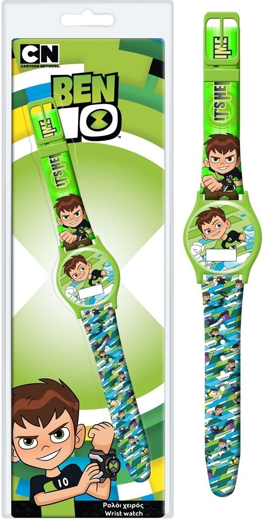 A blister pack containing a Ben 10 themed digital watch and its packaging.