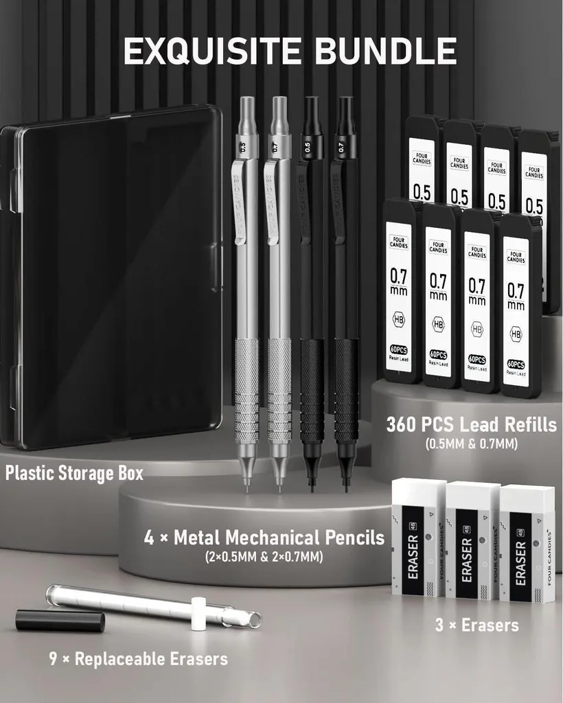 Four Candies Set di matite meccaniche da 0,5 mm, 6 matite carine con 360 ricariche HB e 2B, 3 gomme pastello e 9 ricariche per gomma, materiale estetico per la scuola per