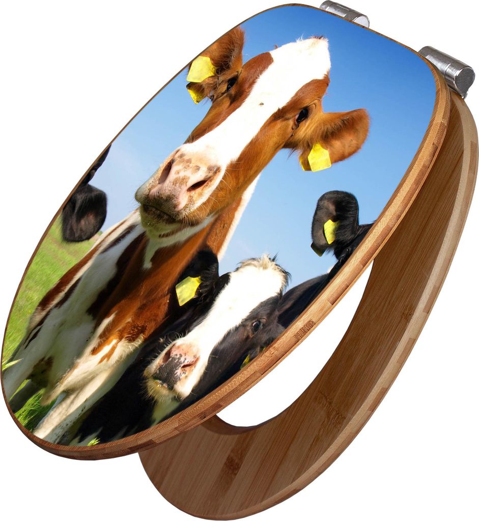 banjado Design WC Sitz Bambus Absenkautomatik - Kühe - Toilettendeckel mit Absenkautomatik Holz/hochwertiger Bambus Klodeckel/WC-Sitz für alle g...