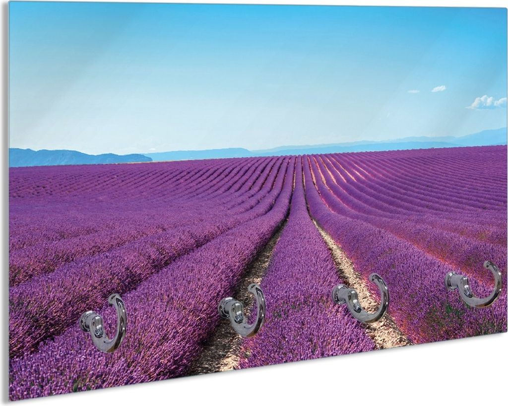 Wallario Schlüsselbrett aus Glas, Motiv: Lavendelfeld unter blauem Himmel, 30 x 20 cm mit 4 Haken