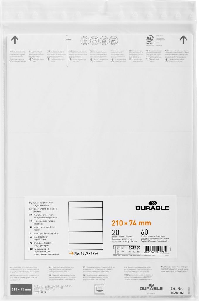 Einsteckschild für Logistiktasche 210x74mm weiß VE=10x60 Stück