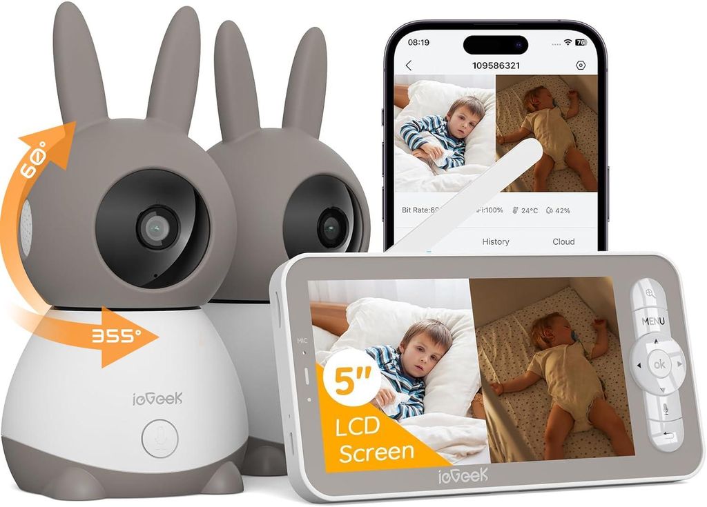2K Babyphone mit 2 Kameras APP 5 Zoll HD Baby Phone WLAN Video babyfone Split-Screen PTZ 355°/60° Nachtsicht Weinen/Bewegungs/Geräuscherkennung