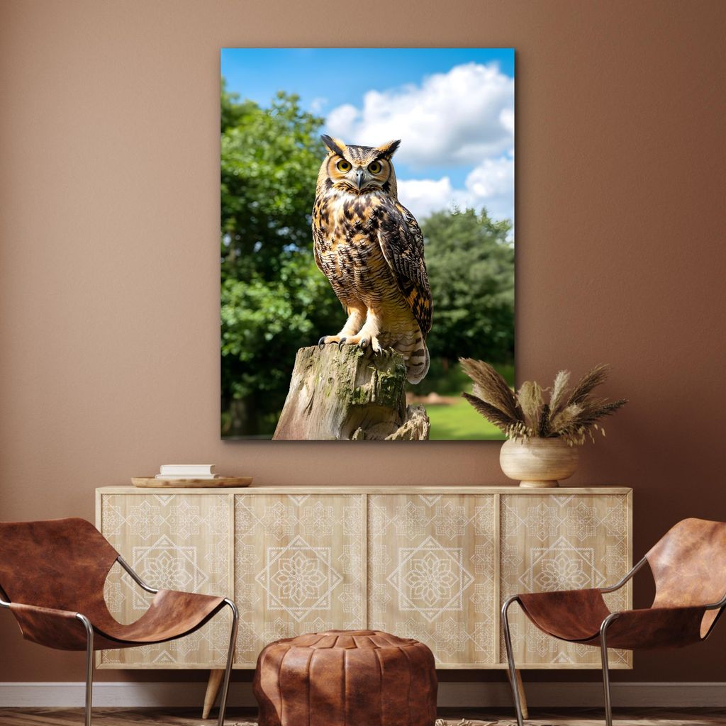 MuchoWow Wanddekoration Metall Metallbild Wandkunst 90x120 cm Eule - Baumstamm - Wald - Himmel MuchoWow Aluminium Gemälde - Industrial