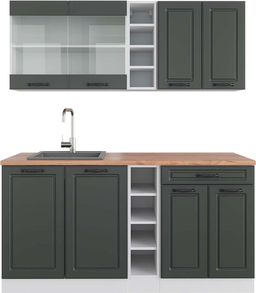 Singleküche Vicco R-Line Anthrazit Landhaus/Weiß 160 cm , AP Eiche, Model 42418