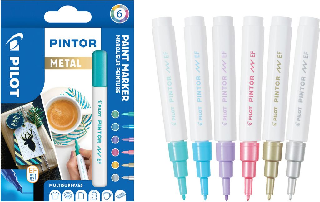 PILOT PINTOR Kreativmarker 6er Set – 0.4mm extra feine Spitze, Metallic Farben