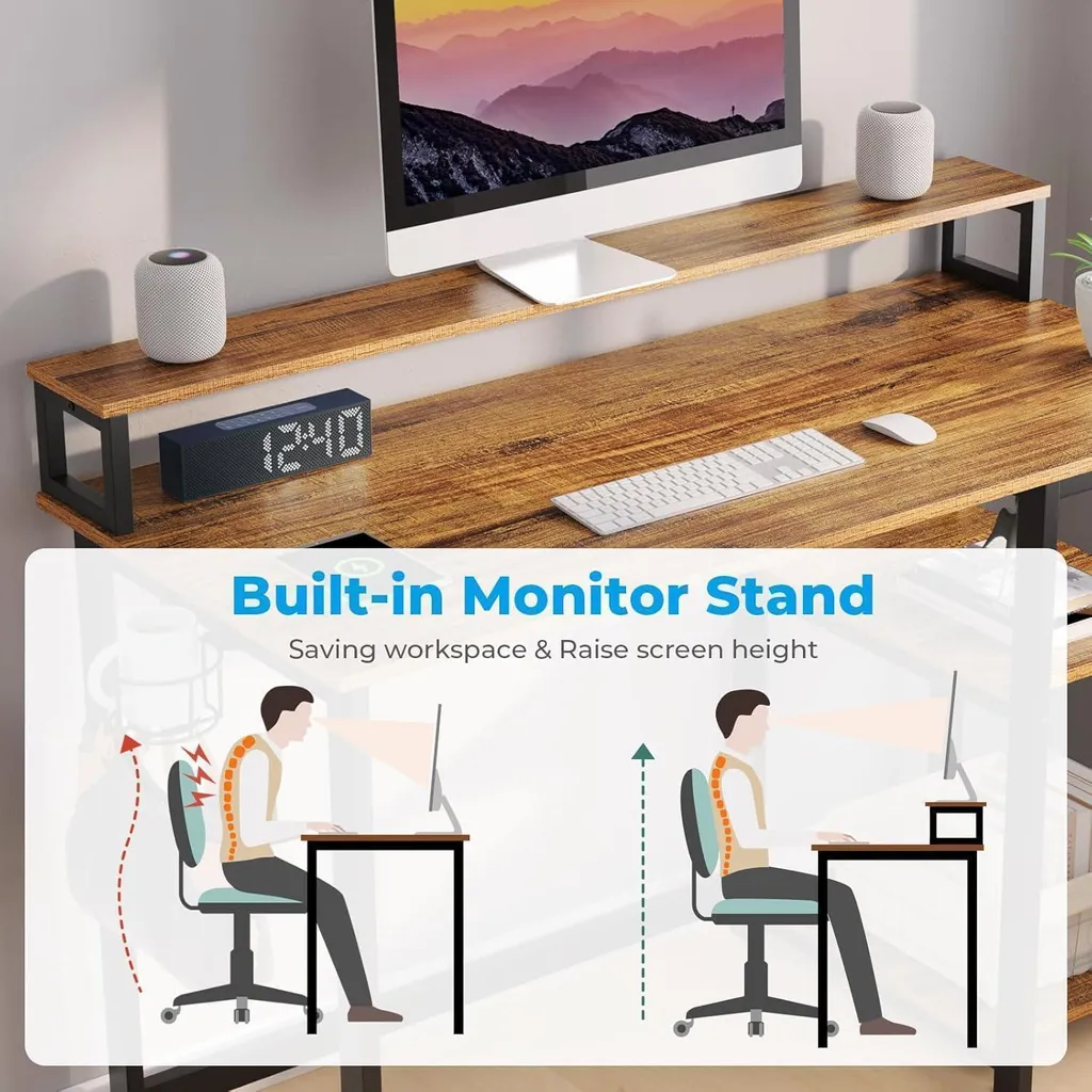 Table de bureau marron 100cm avec rangements et support d'écran intégré - 4