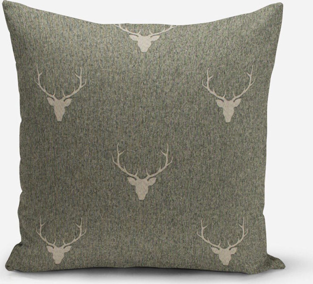 Kissenhülle Jacquard Hirschkopf Geweih grün beige von SCHÖNER LEBEN. Größe 80x80cm (HxB) 80x80cm (HxB) Größe