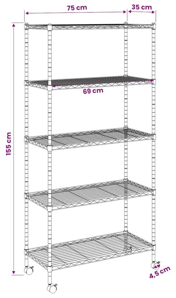 vidaXL Regál s 5 policemi a kolečky 75x35x155 cm chrom 250 Obrázek produktu 