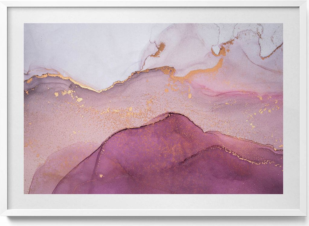 Rosa abstrakt mit Gold– Wandbild mit Rahmen – Gerahmtes Bild – Wanddekoration – 100x70 cm – Weiß Rahmen