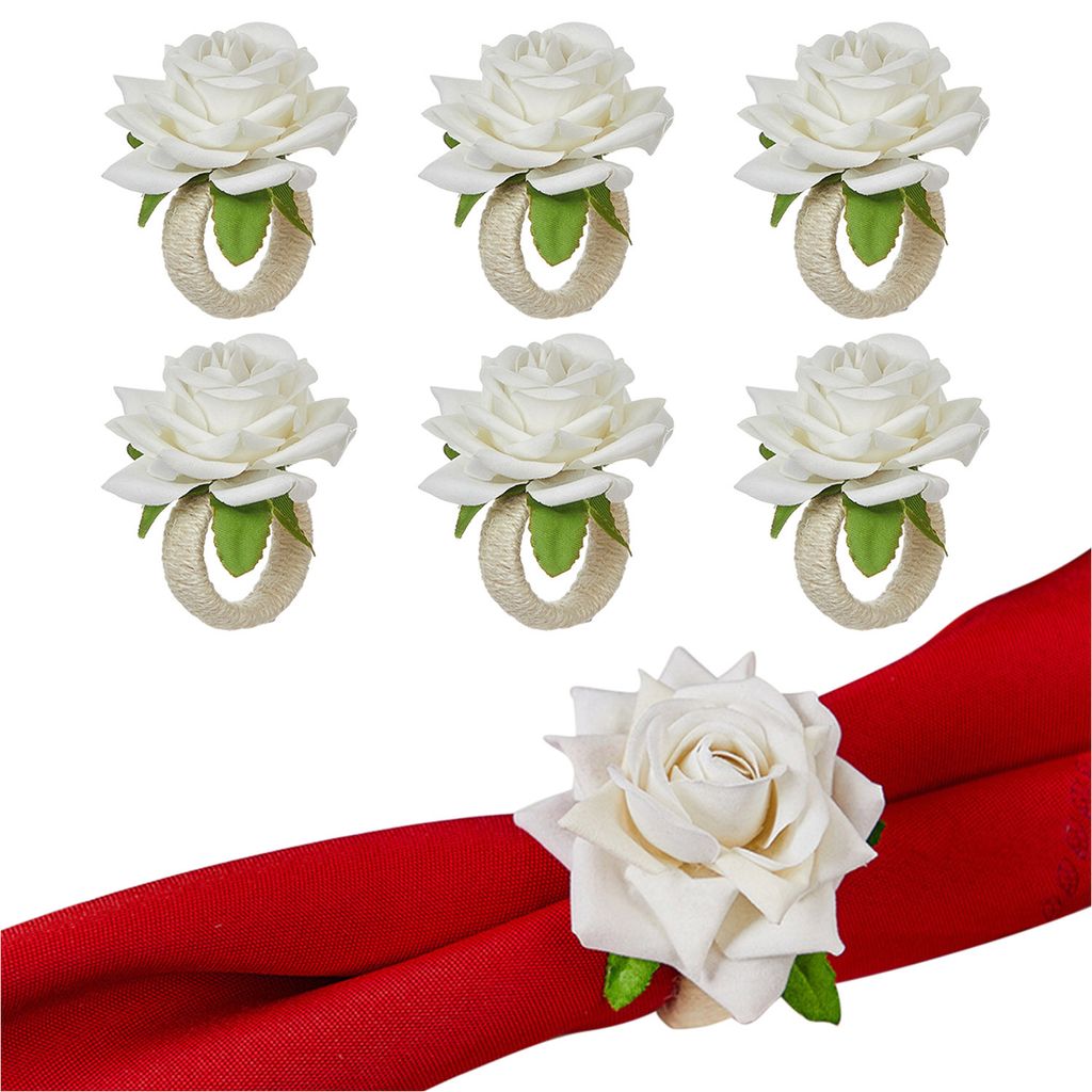 6er Set Rose Blume Serviettenringe für Bankett, Hotel, Restaurant, Tischdekoration, Weiß