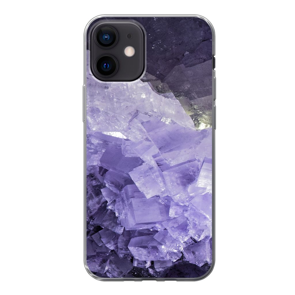 MuchoWow Handyhülle Schutzhülle Hülle für iPhone 12 Naturstein - Lila - Kristalle Silikon Softcase Handy Hülle - Schutzhülle