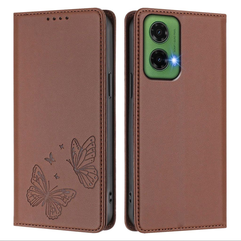 Lederhülle für Motorola Moto G35, Schmetterling Prägung Leder Brieftasche Schutzhülle mit Ständer Braun